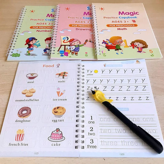 Magic Calligraphy Practice Copybook (4 BOOKS, 1 PEN, 1 GRIP, 10 REFILL)