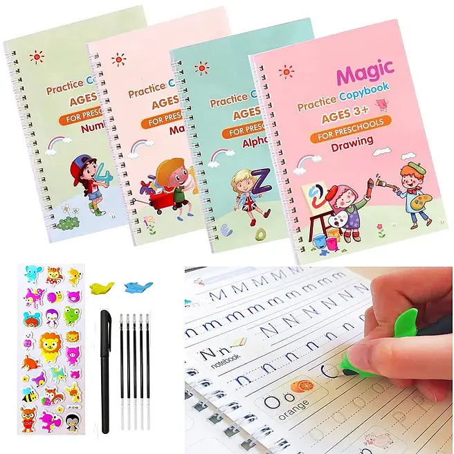 Magic Calligraphy Practice Copybook (4 BOOKS, 1 PEN, 1 GRIP, 10 REFILL)